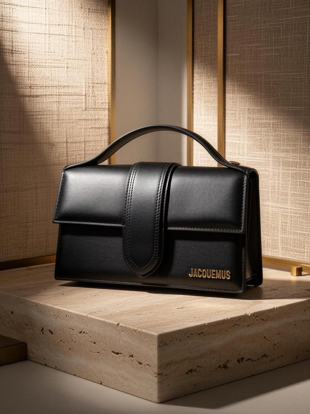 Jacquemus Black Leather Top-handle and crossbody bag with Gold Logo